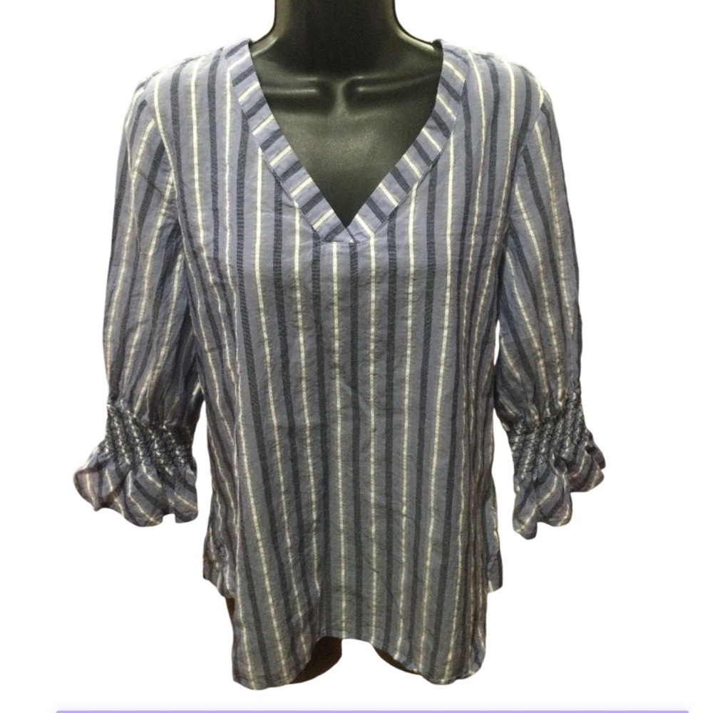 Marc New York Blue and White Striped V-Neck Blouse